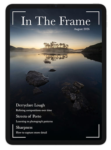 Digital mockup of In The Frame magazine displayed on an iPad with a landscape photography cover.