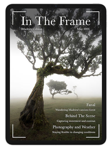 Digital mockup of In The Frame magazine displayed on an iPad with a landscape photography cover.
