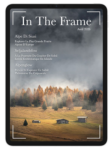 Maquette numérique du magazine In The Frame affichée sur un iPad avec une couverture de photographie de paysage.
