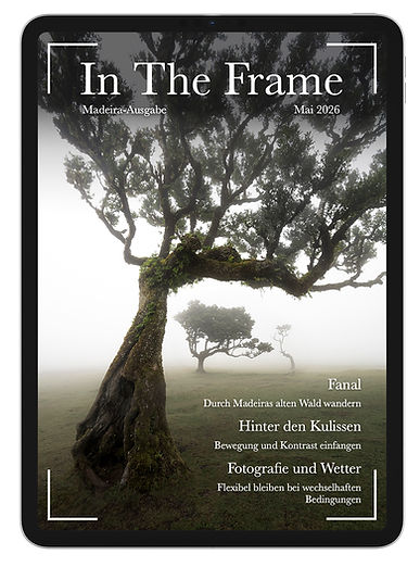 Digitale Darstellung des Magazins In The Frame auf einem iPad mit einem Landschaftsfotografie-Cover.