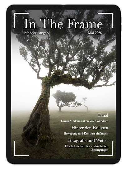 Digitale Darstellung des Magazins In The Frame auf einem iPad mit einem Landschaftsfotografie-Cover.