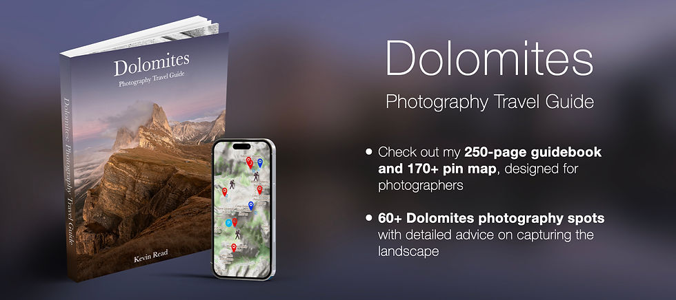 A banner advertising a photography travel guidebook for the Dolomites, with a mockup of the cover and a description of the contents