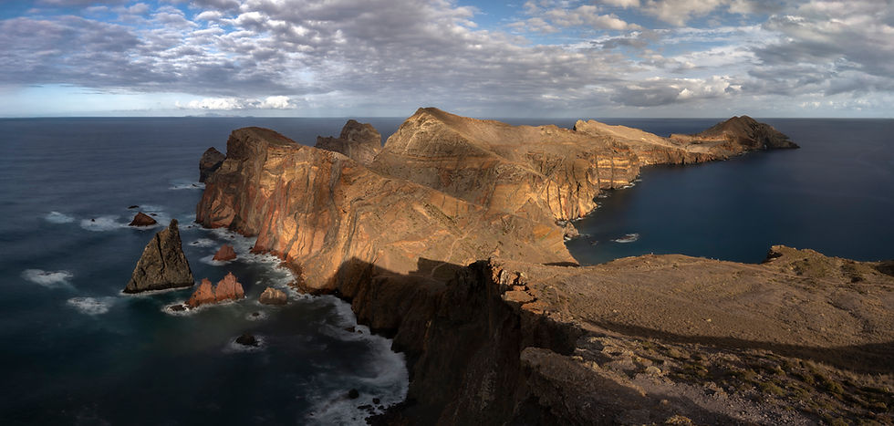 Sunset light on the Ponta de São Lourenço peninsula in Madeira, seen from the main viewpoint above the landscape.