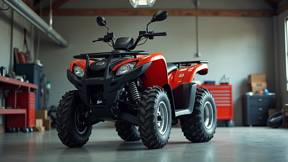 Eye-level view of ATV parked in a clean garage with maintenance tools nearby