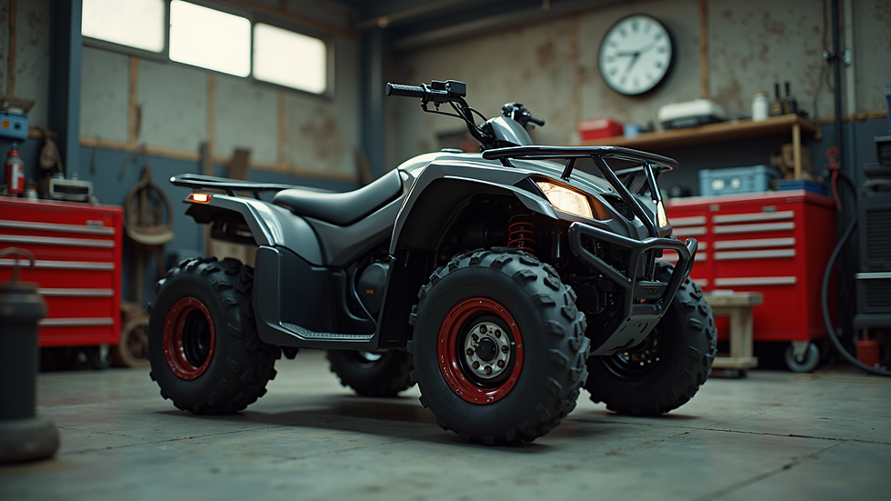 High angle view of ATV parked in a garage with maintenance tools nearby