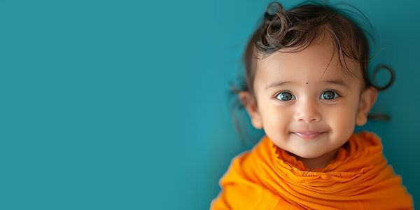mixed race baby with curly hair smiling, wrapped in a tangerine shawl