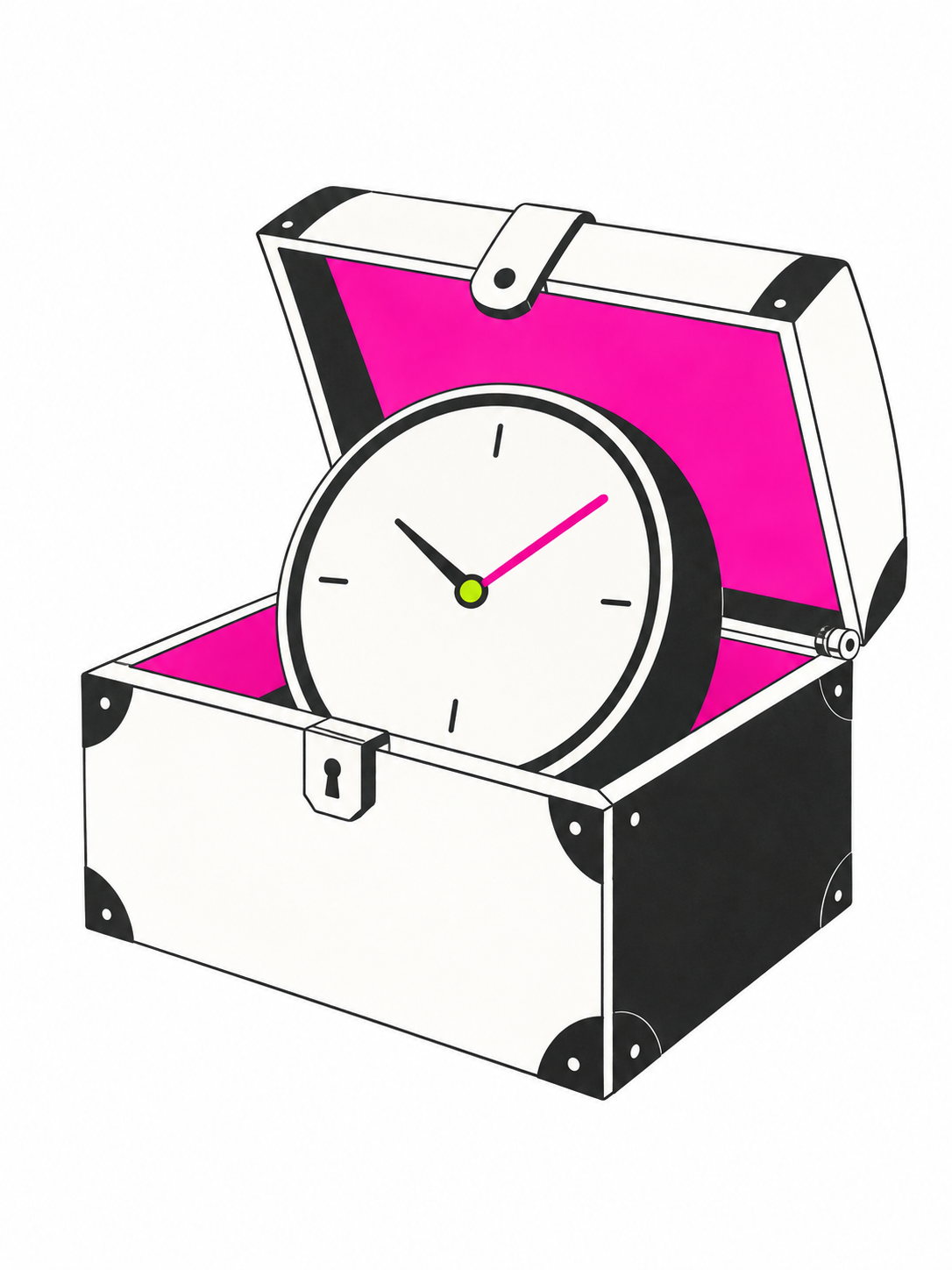 開いた宝箱の中に時計を収め、つくる時間も宝物になることを表現したイラスト。