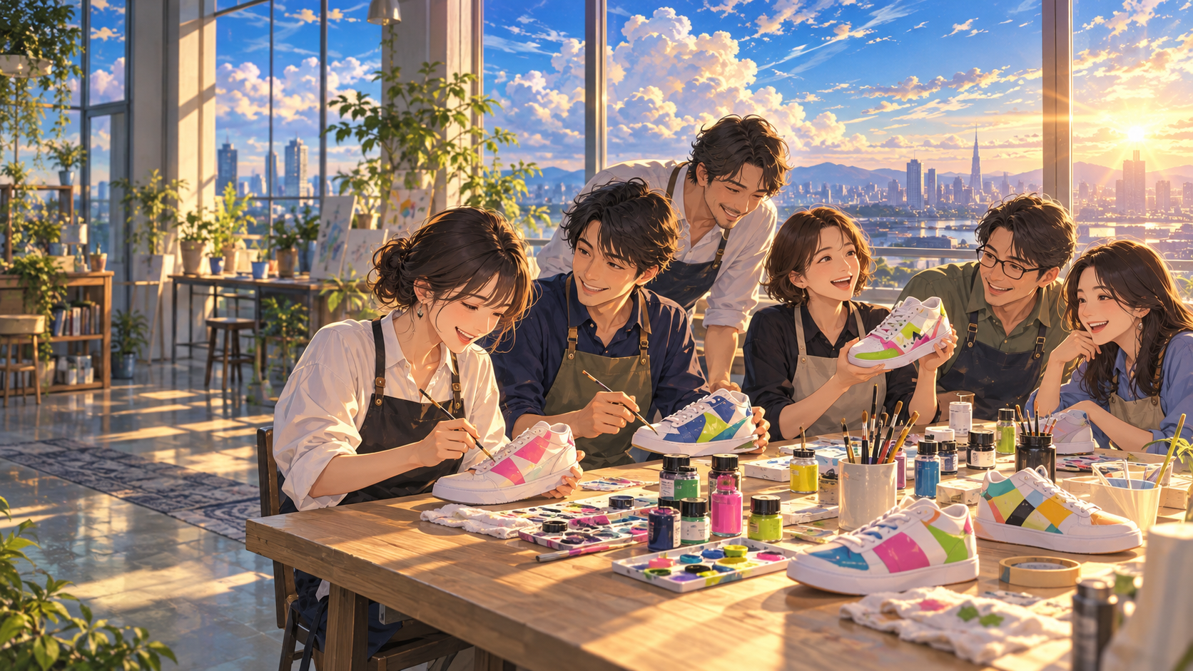 青空と柔らかな夕日の光が差し込むアトリエで、仲間と笑顔でスニーカーペイントを楽しむ大人たち。生成AIによる体験イメージイラスト。