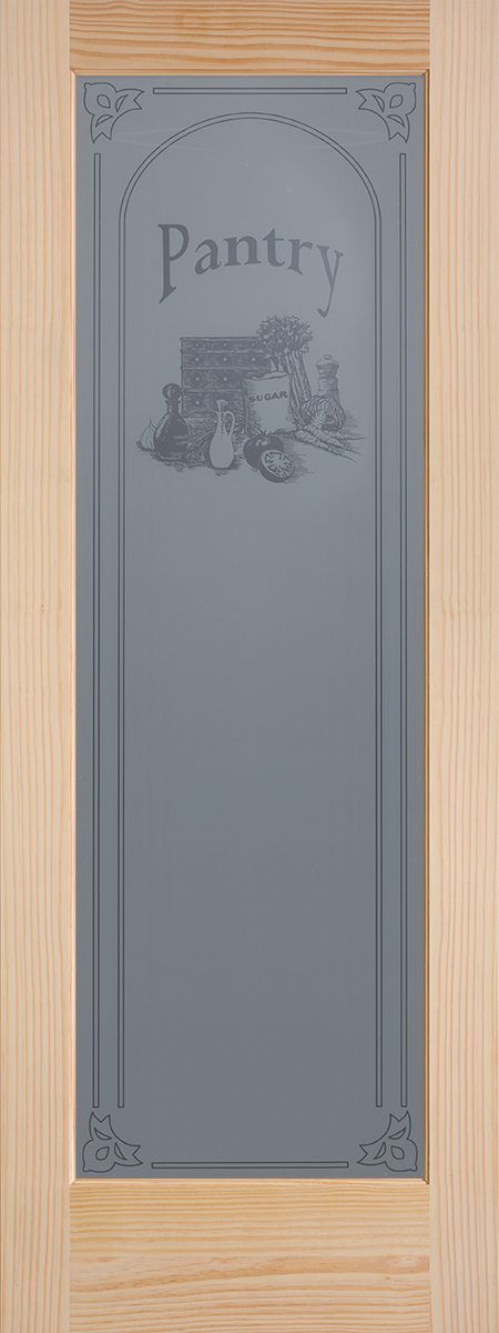 Hemlock pantry interior door with frosted engraved glass