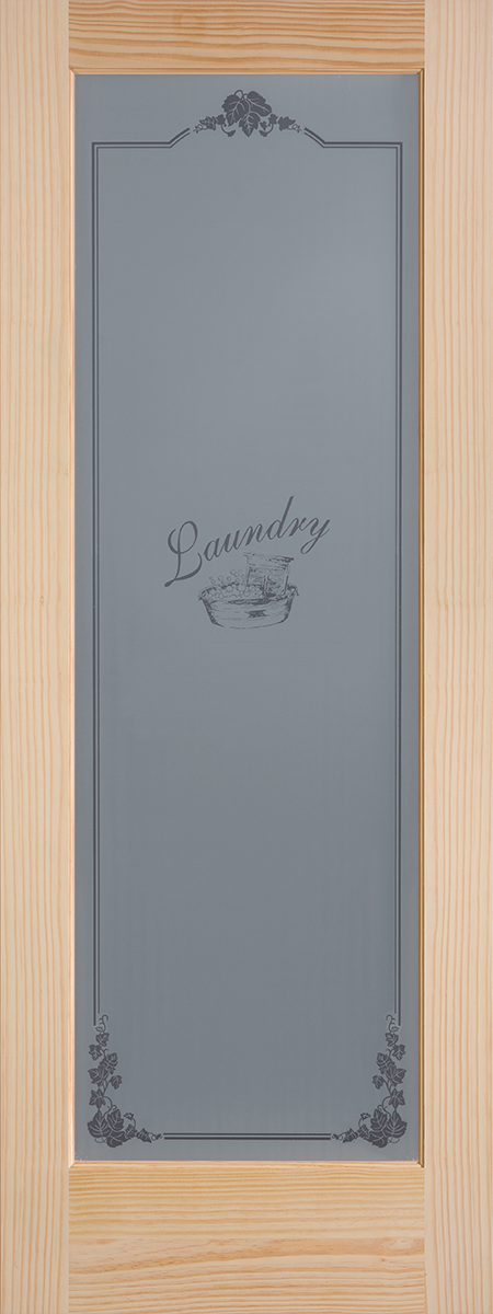 Hemlock laundry interior door with frosted engraved glass