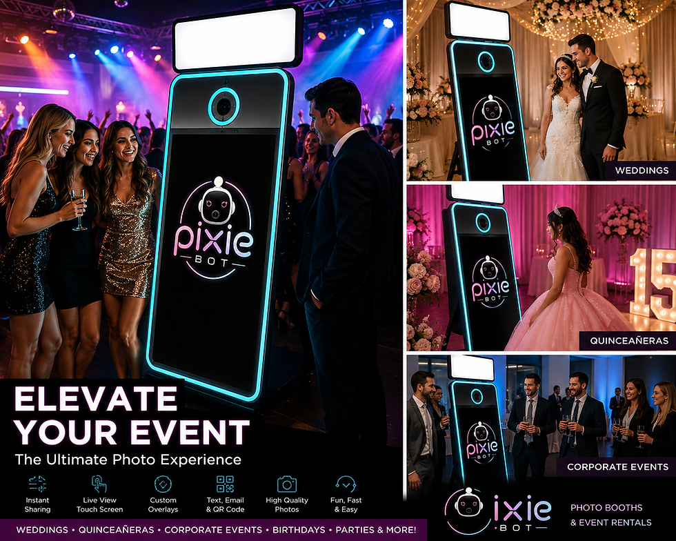 PixieBot photo booth marketing collage showing the booth at different events (weddings, quinceañeras, corporate events) with headline 'Elevate Your Event' and feature icons.