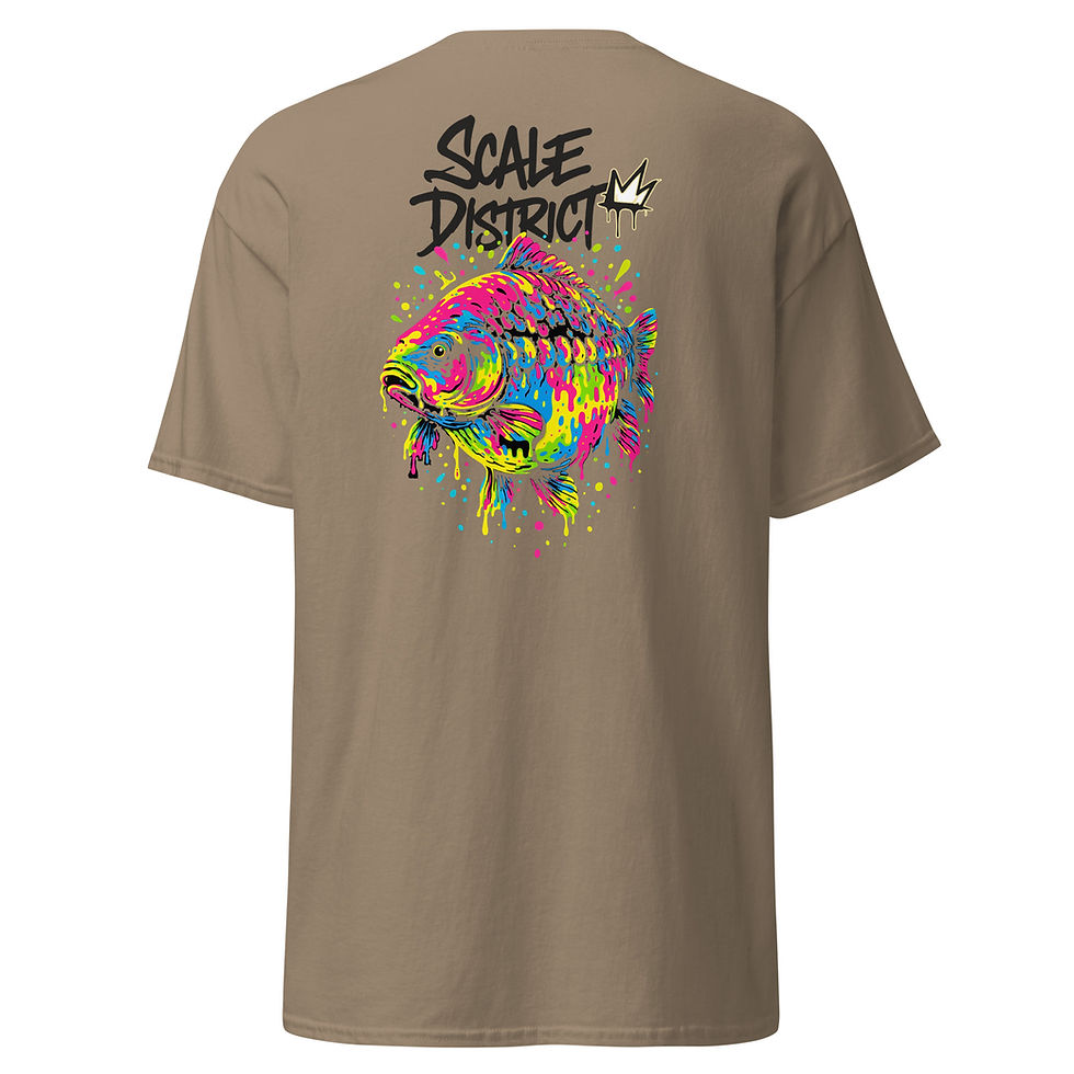 Back of a classic unisex tan tee with SDC Neon graphic