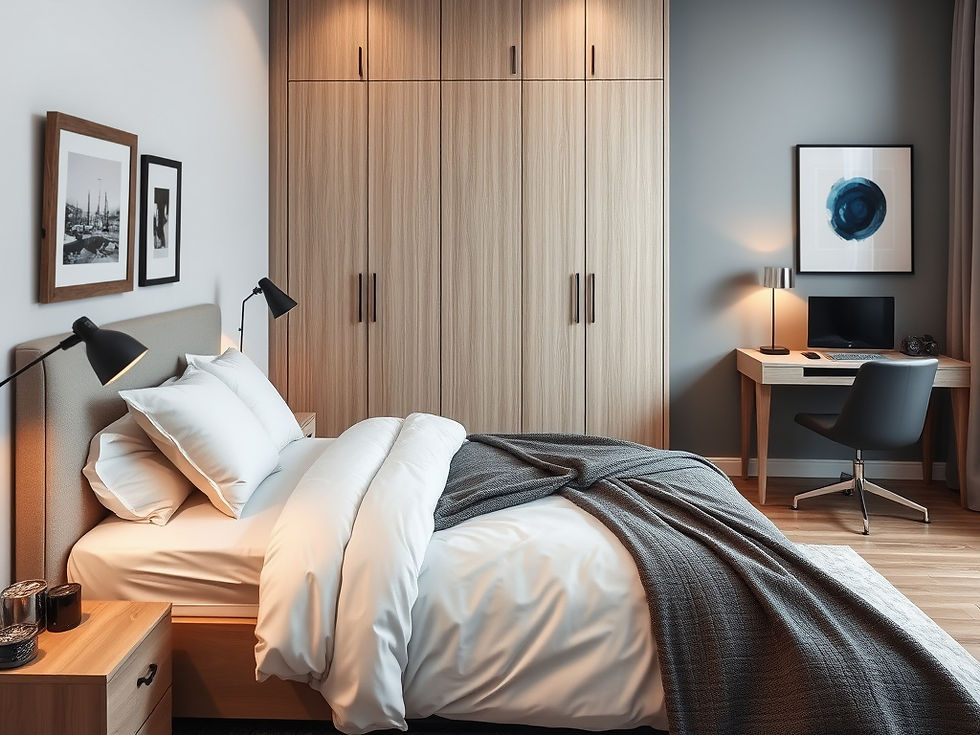 Modern apartment bedroom with bed, side table, lamps, wardrobe cupboard and working desk a