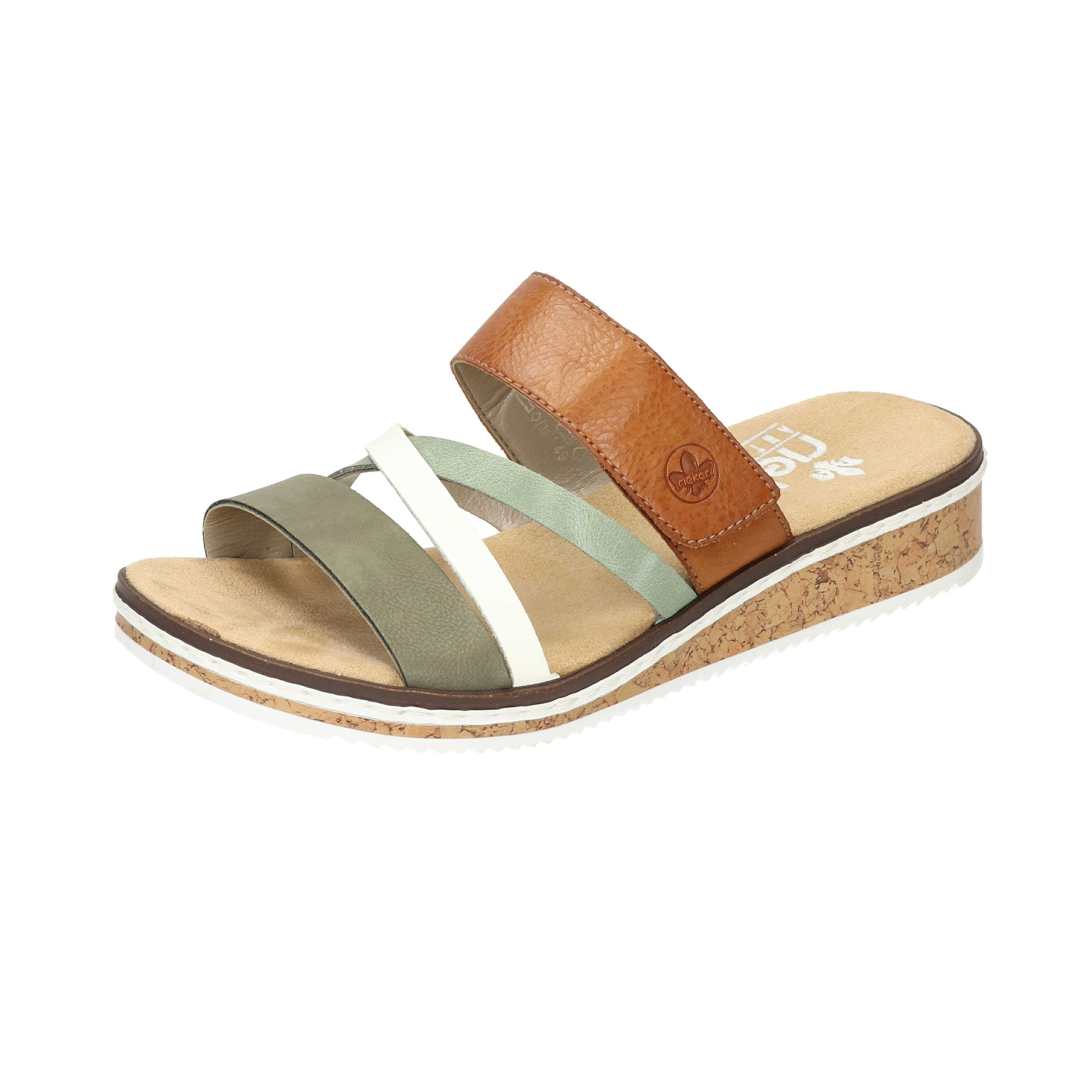 rieker® Damen Klett-Pantolette in olivgrün/braun-weiß