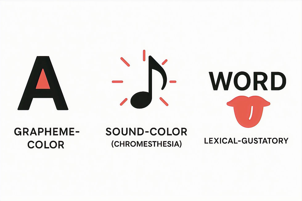 Infografía ilustrando tipos de sinestesia como grafema-color (letra coloreada), sonido-color (nota musical con color) y léxico-gustativa (palabra y sabor)