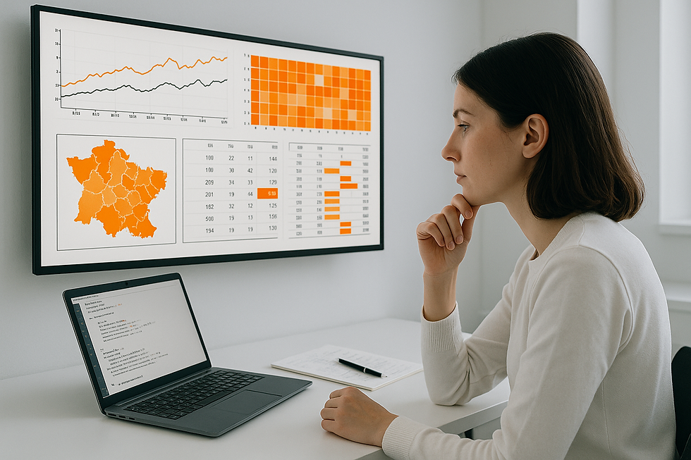 Estudiante analizando datos biológicos y sanitarios en un laboratorio con visualizaciones epidemiológicas en pantalla