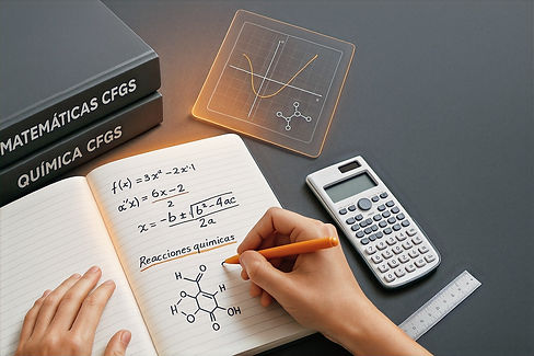 Estudiante preparando Matemáticas y Química para el acceso a CFGS, escribiendo fórmulas en cuaderno junto a libros y calculadora.