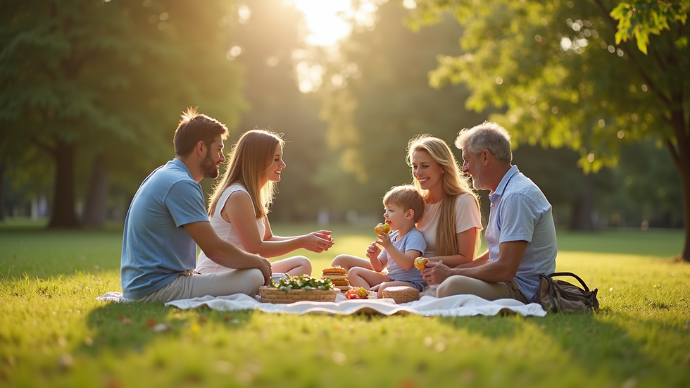 Family picnic on a sunlit park blanket, parents and grandparents smiling as a child eats fruit.