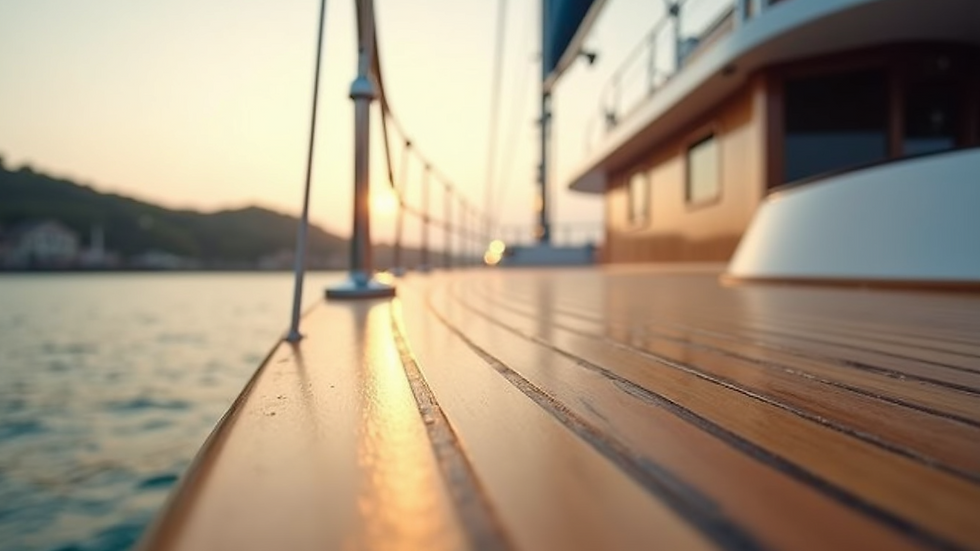 Close-up view of a polished teak deck on a luxury yacht