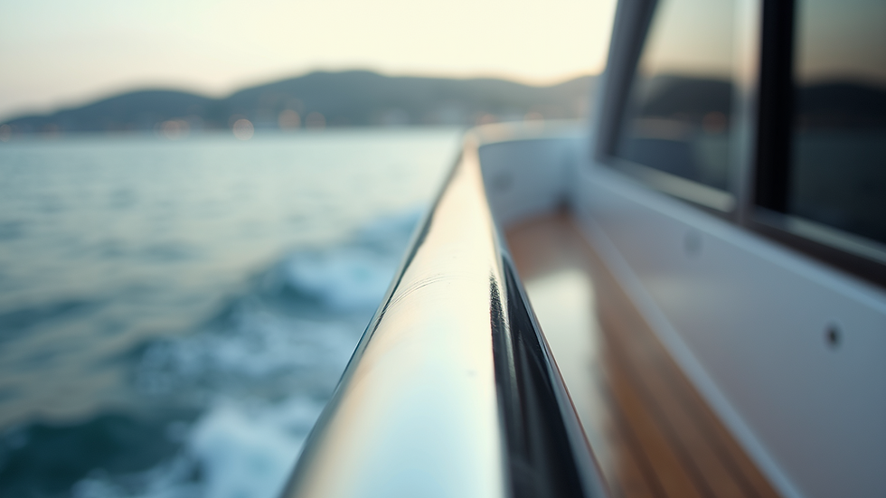 Eye-level view of a luxury yacht’s polished stainless steel railing