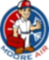 Moore Air mascot with heating and air icon background
