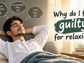 Young man relaxing on a sofa while feeling guilty about taking time to rest and relax.