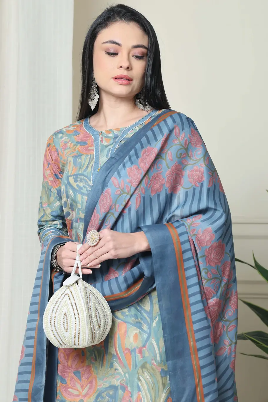 Thumbnail: Women Blue Plus Size Floral Printed  Long Kurta With Pants and Dupatta