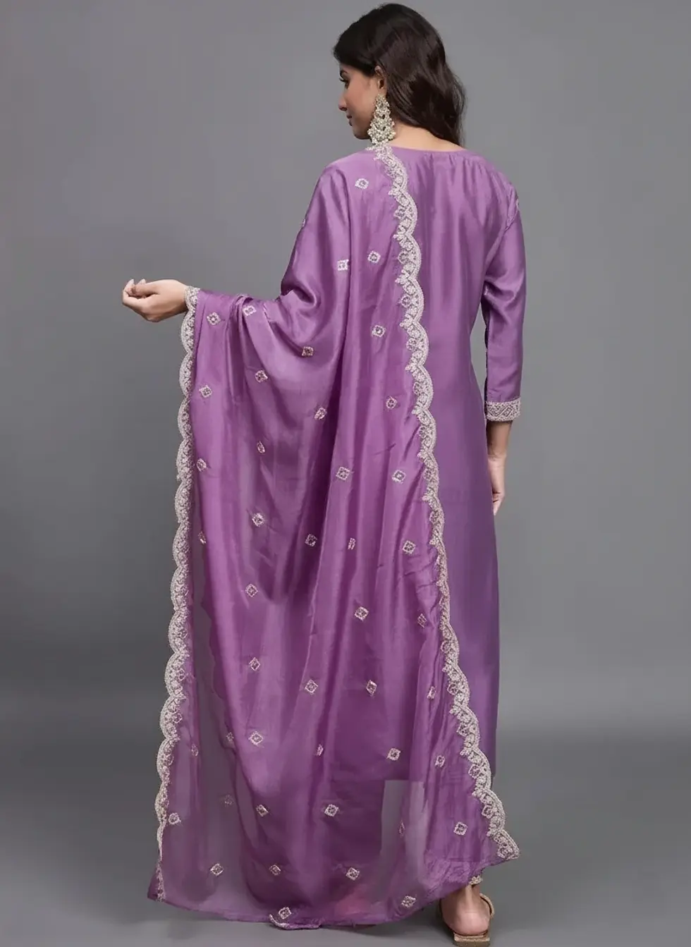 Thumbnail: Women Lavender Cotton Silk Plus Festive Embroidered Kurta With Pants  and D