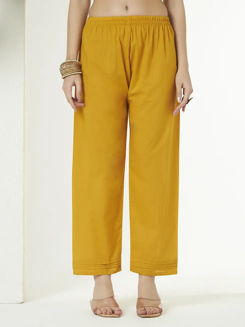 Thumbnail: Women Yellow Plus Size Festive Straight Cotton Ethnic Motifs Anarkali Kurta Pant