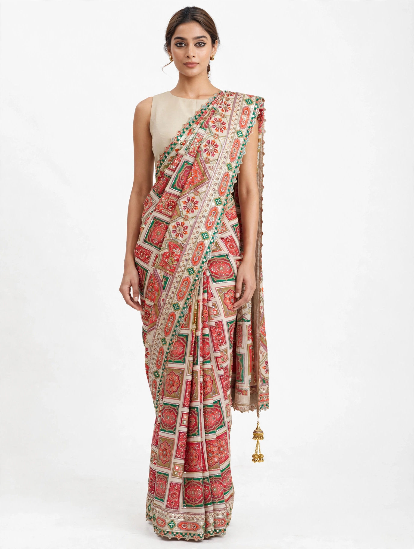 Cream Heavy Mirror work Embellished Teal saree