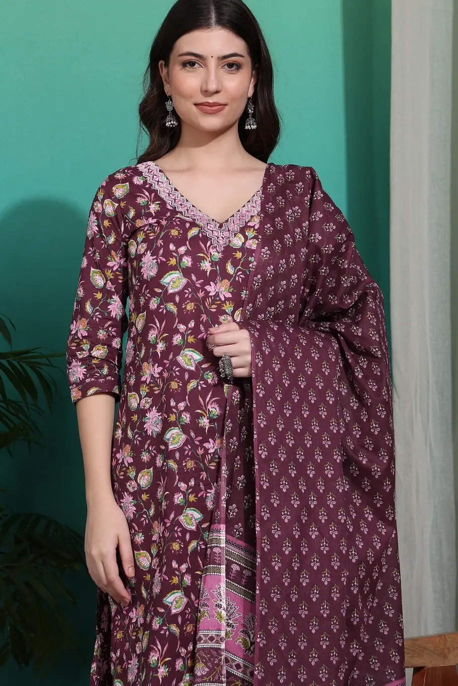 Thumbnail: Women Purple Cotton Block Printed Plus size Kurta Pants And Dupa