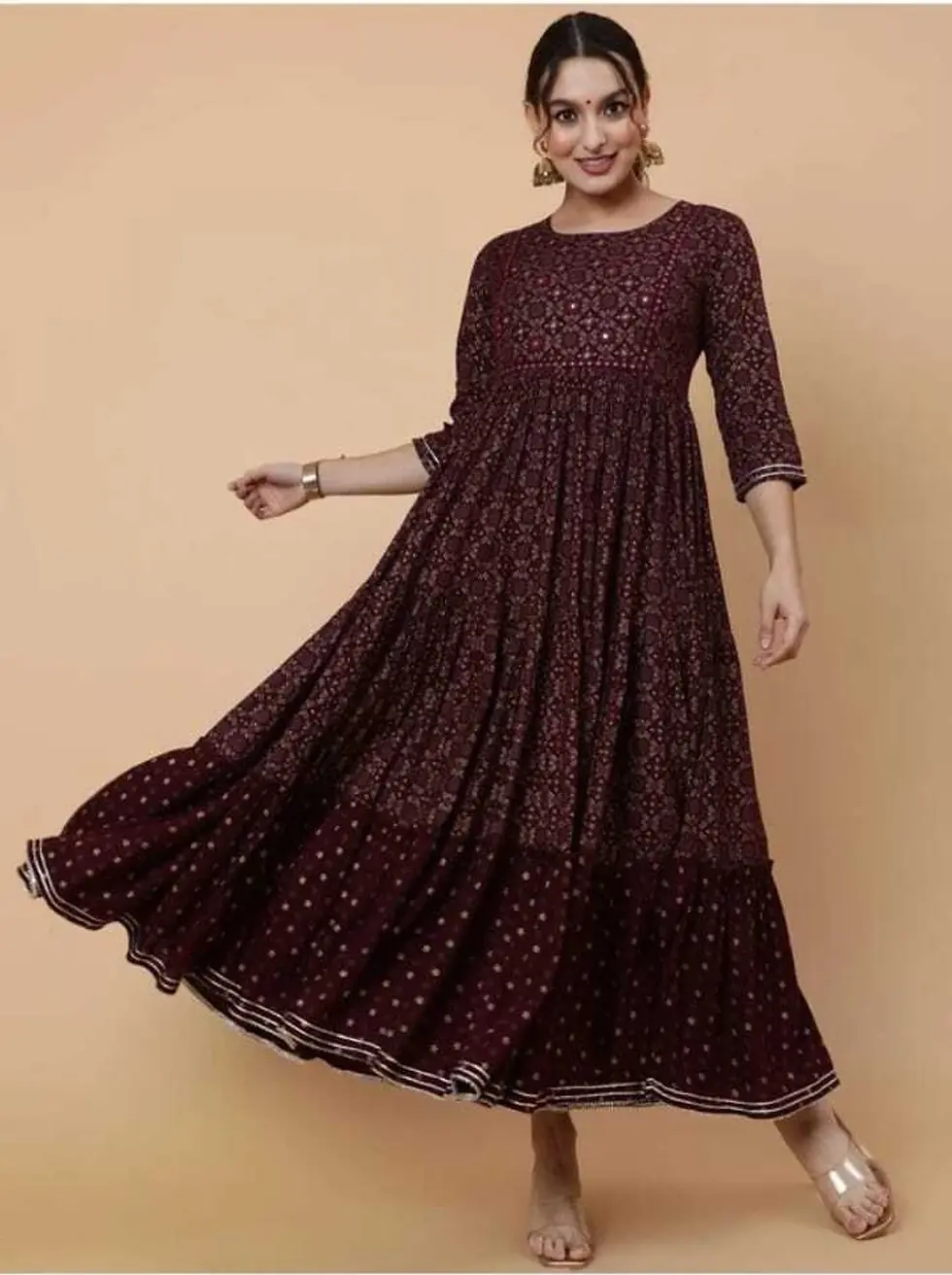 Thumbnail: Plus Size Rayon Maroon Floral Gathered Anarkali Dress, Women Long Kurta G
