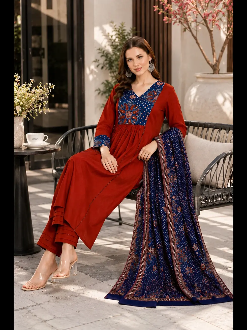 Thumbnail: Women Maroon Long  Plus Size Festive Anarkali Cotton Ethnic Motifs Anarkal