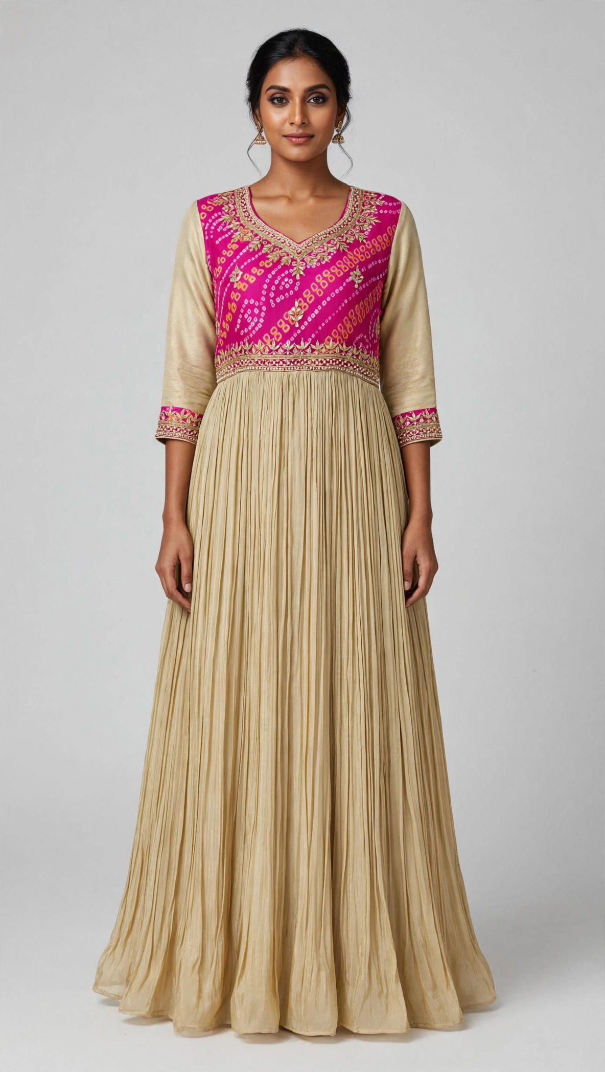 Creamy Pink Bhandej handwork Flared Gown