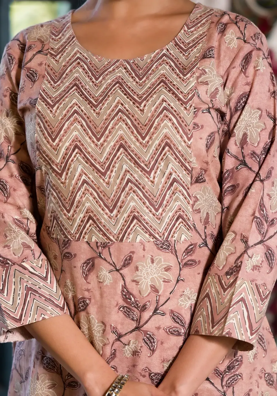 Thumbnail: Women Pink Cotton Block Printed Long Kurta With Pants And Dupatta, Plus Size