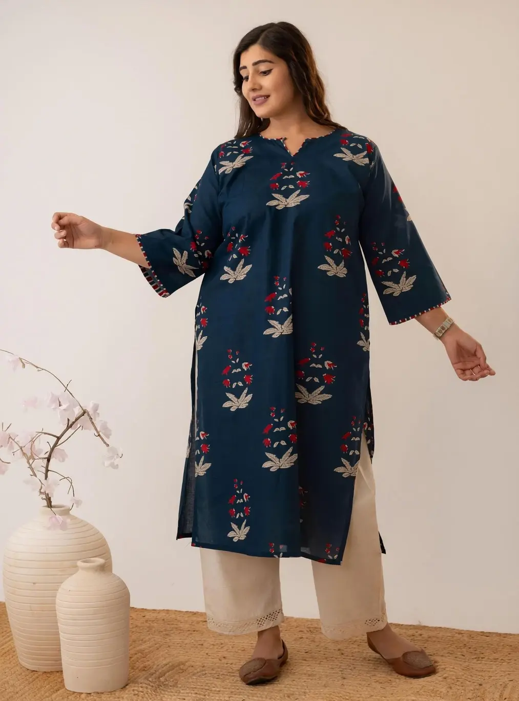 Plus Size Floral work Printed Blue Pure Cotton Straight Kurta for Women,