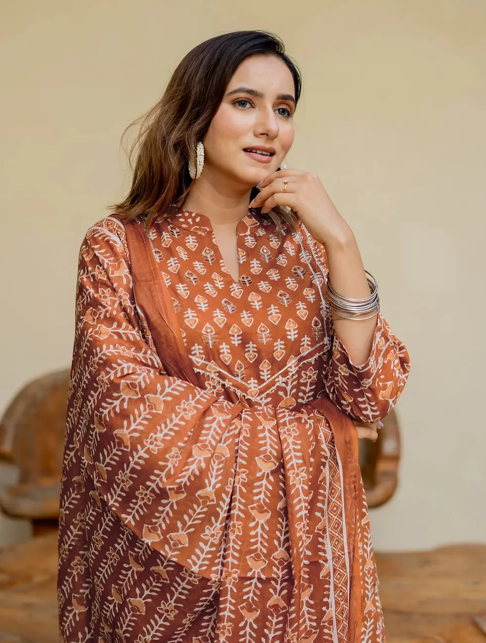 Thumbnail: Women Rust Cotton Block Printed Plus size Kurta With Pants & Dupatta