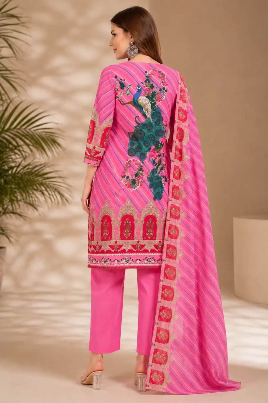 Thumbnail: Women Pink Plus Size Festive Cotton Ethnic Motifs Kurta Pants And Dup