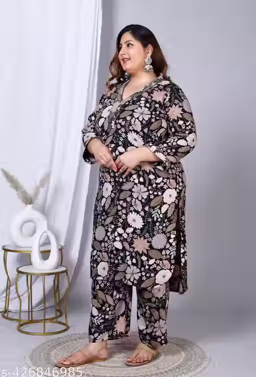 Thumbnail: Women's Rayon Black Printed Plus Size  Coord Set With Extra Plus S
