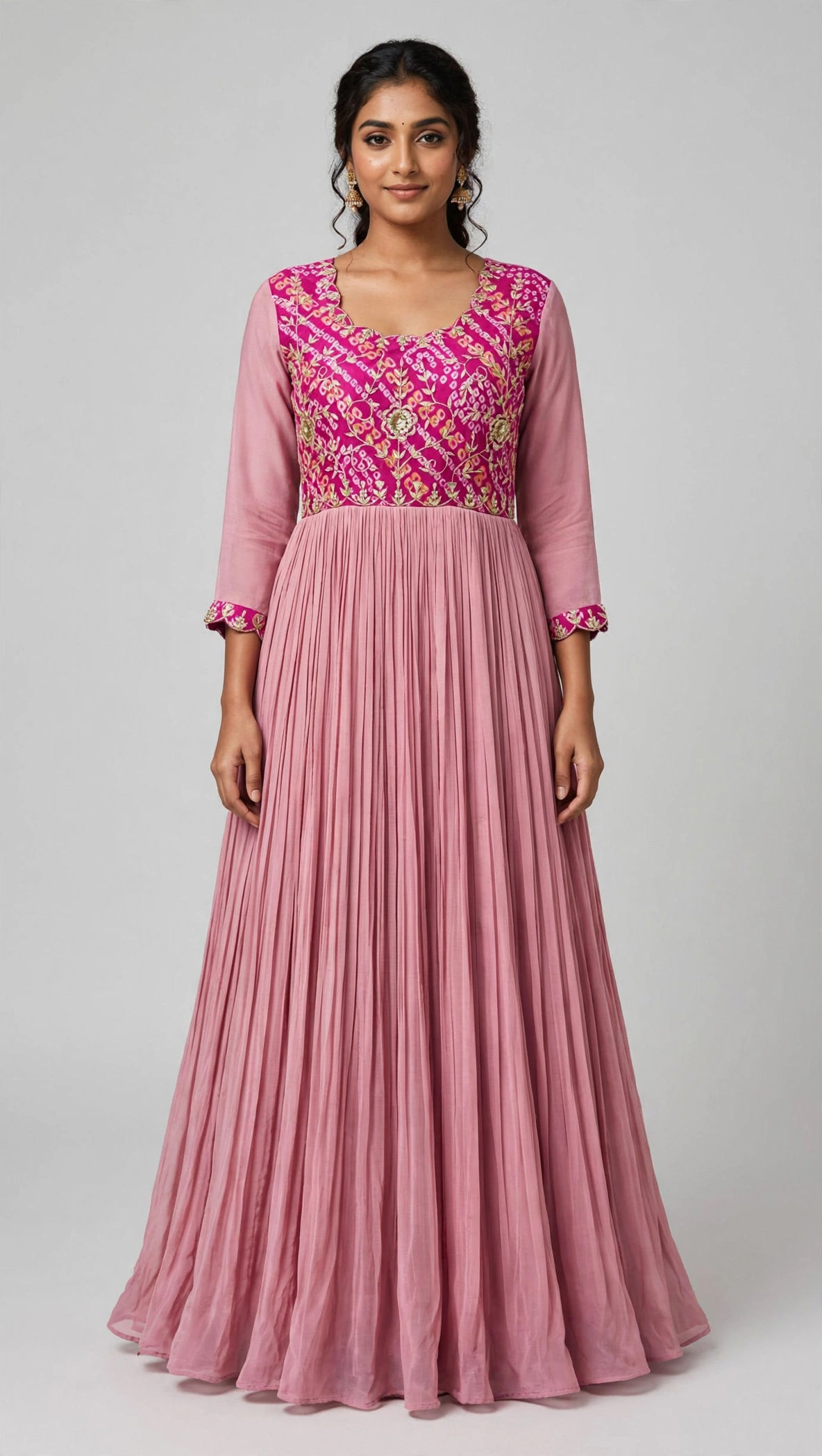 Softy Pink Bhandej handwork Flared Gown