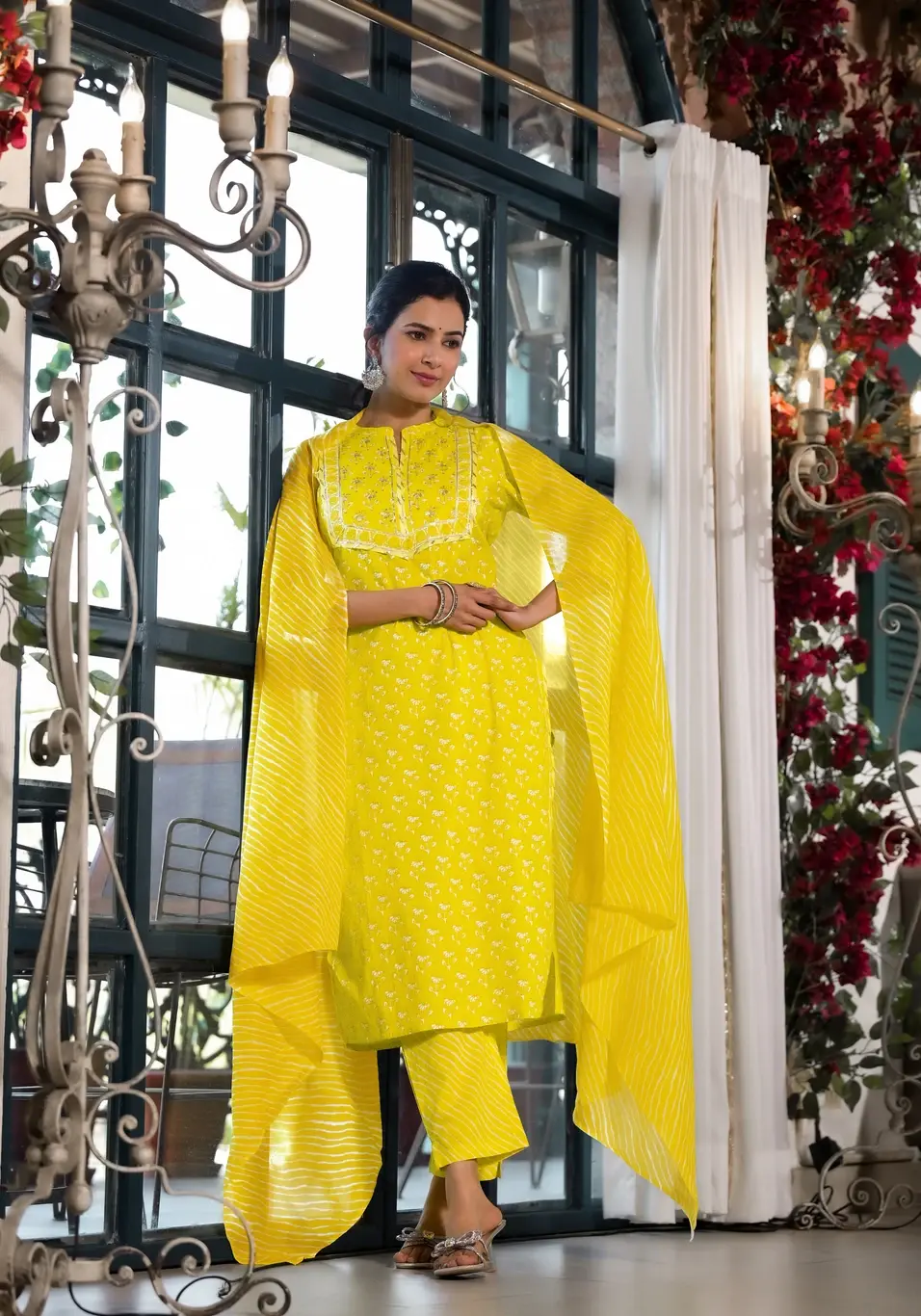 Thumbnail: Women Yellow Cotton Block Printed P&amp;amp; Gotta work Plus size Kurta Pa