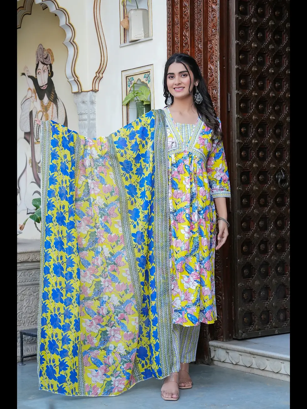 Thumbnail: Women Blue Long Plus Size Festive Anarkali  Cotton Printed Kurta Pa