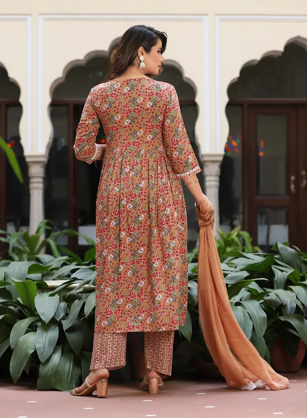 Thumbnail: Women Brown Long Plus Size Festive Anarkali  rayon Printed Kurta Pa