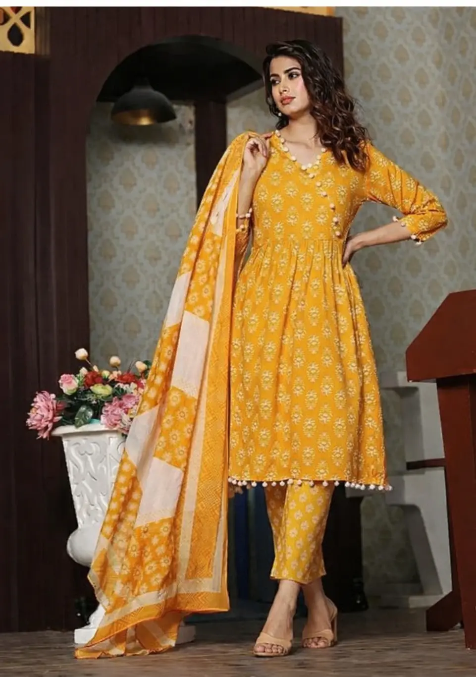Thumbnail: Women Yellow Long Plus Size Festive Angrakha  rayon Printed Kurta Pant Du