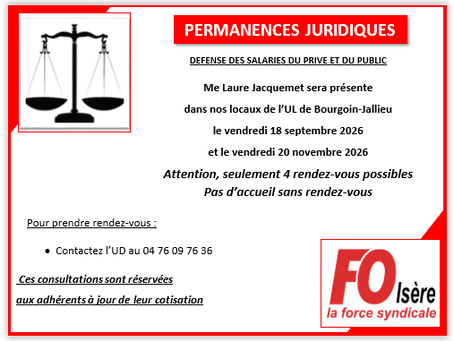 ⚖️Permanences juridiques à l’UD FO de Bourgoin-Jallieu