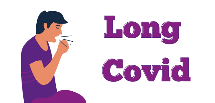 "Long Covid" with a cartoon image of someone in a purple t-shirt coughing.
