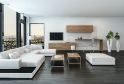 Elegant modern white living room interior with back accents and stone floor furnished with modular u