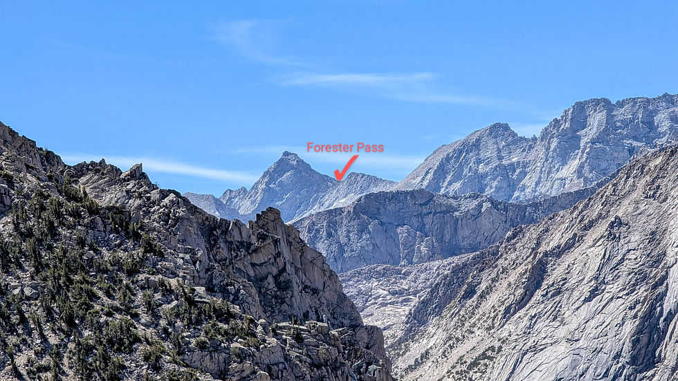 When I descended Kearsarge Pass for resupplies in Bishop California I looked South I could see the last mountain Pass I will be climbing Forester Pass 13,105'. The Highest point in 2,650 Miles from Mexico to Canada on the Pacific Crest Trail There is a small orange way point in the picture by the saddle of the mountain to indicate the passage where hikers will be climbing up through.