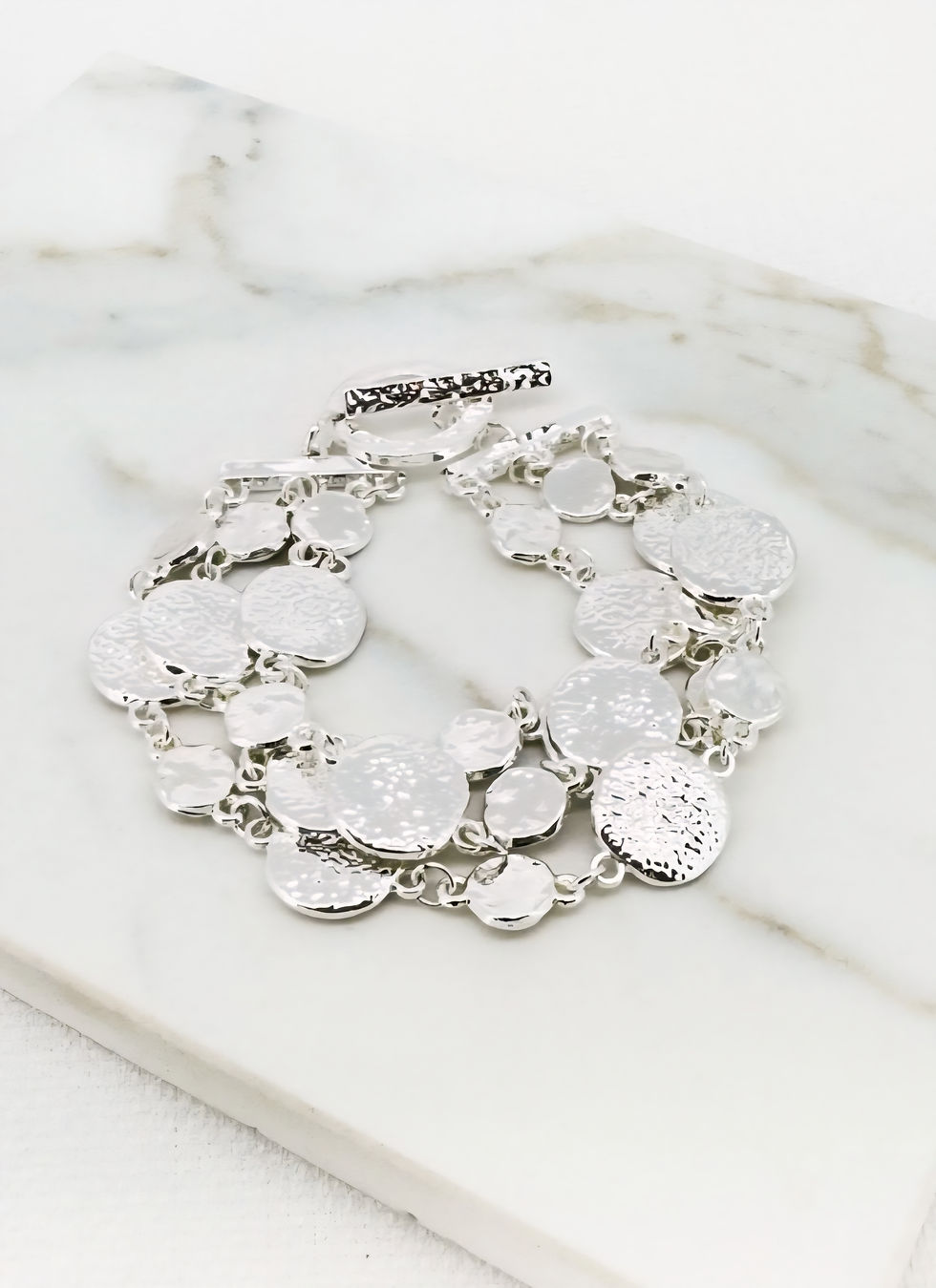 Thumbnail: Hammered disc T-bar bracelet - Silver
