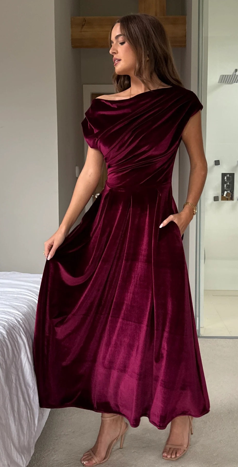 Thumbnail: Betty Asymmetric Neckline Skater Midi - Berry